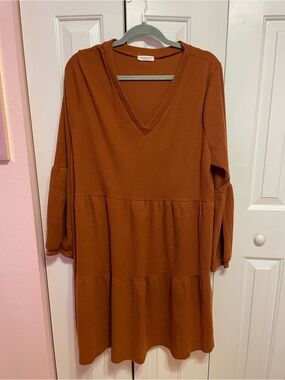 Chic Soul Rust V-Neck Tiered Long Sleeve Dress